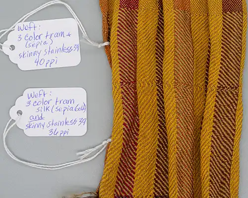 Stainless sample warp-sepia gold tram weft